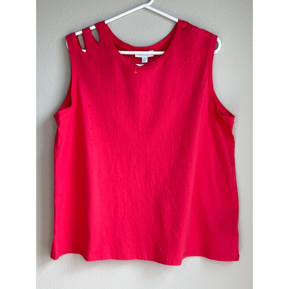 NWT FRAYED Teaberry Distressed Sleeveless Cutout Shoulder T-Shirt Size XL